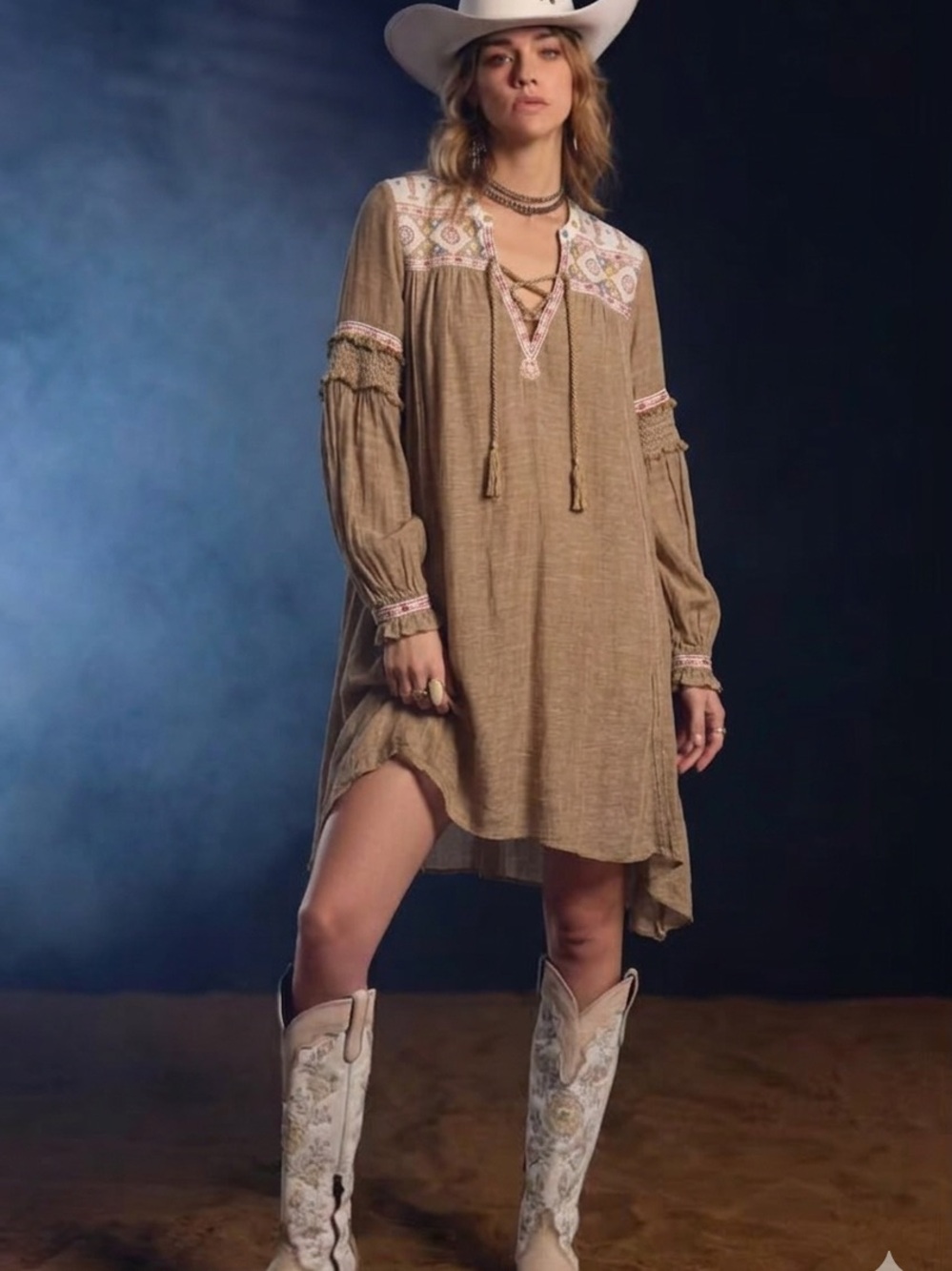 Free People Golden Tan Boho Tunic with Braided Trim